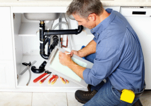 A handyman is inspecting the pipe before replacement